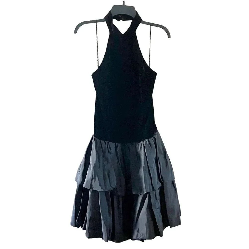 Vintage Black Velvet Taffeta Halter Neck Dress